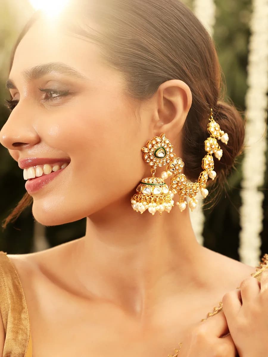 22K Gold plated Kundan crystal with statement Kan chain earrings