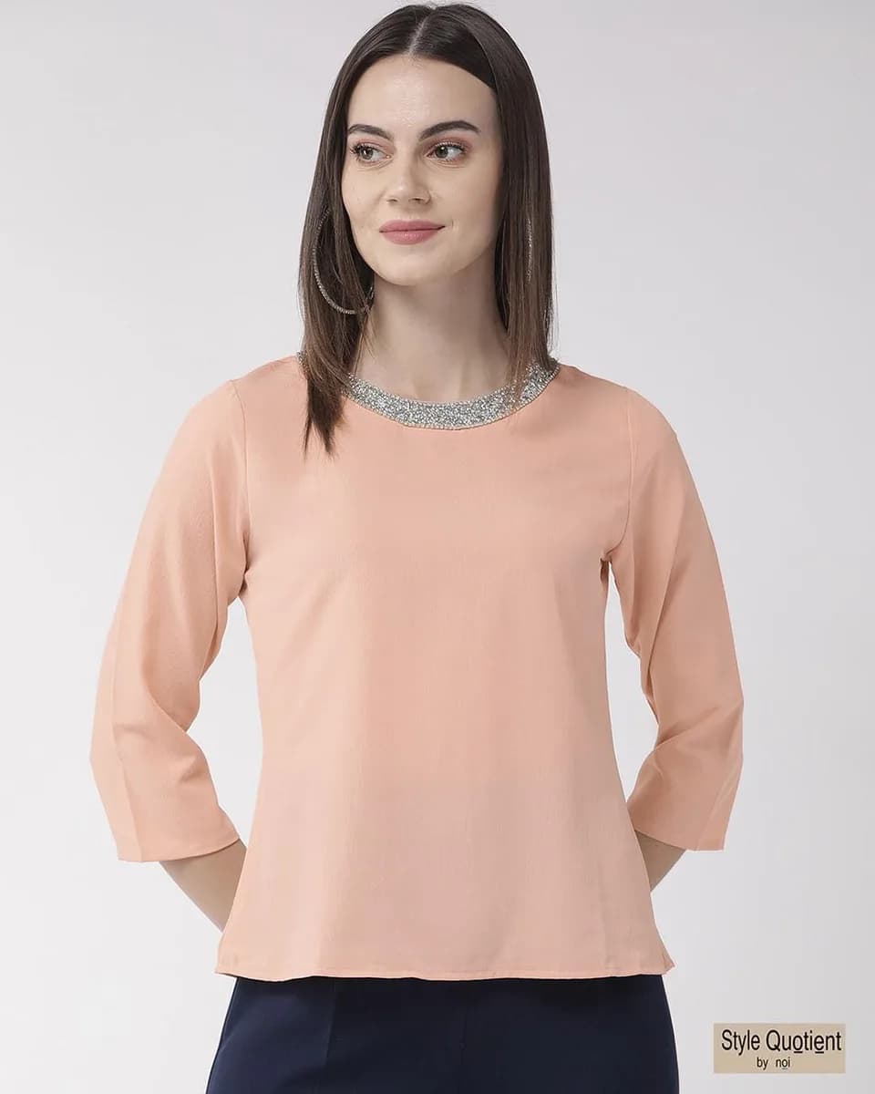 Style Quotient Women Peach Self Design Lace Regular Smart Casual