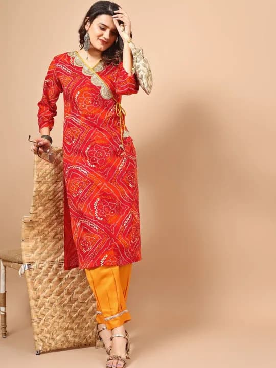 Sangria Red Bandhani Printed Angrakha Sequined Straight Kurta