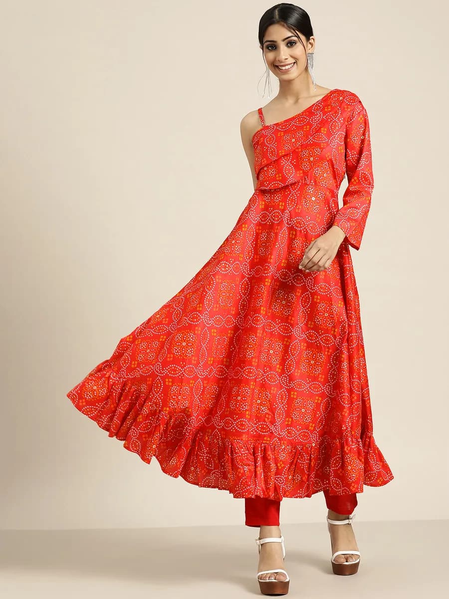 Sangria Red Bandhani Printed Angrakha Sequined Straight
