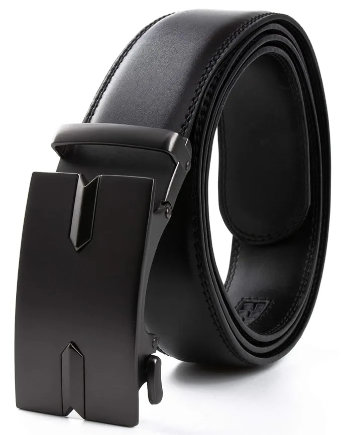 Men Solid Black Leather Auto-Lock Buckle Belt