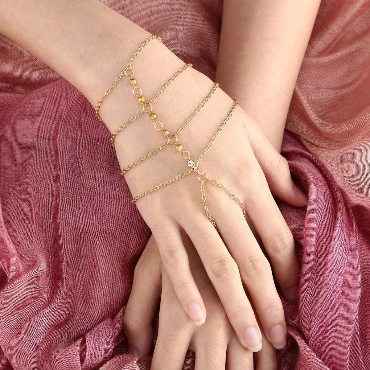 Gold Plated Finger Chain Ring Bracelet Hand