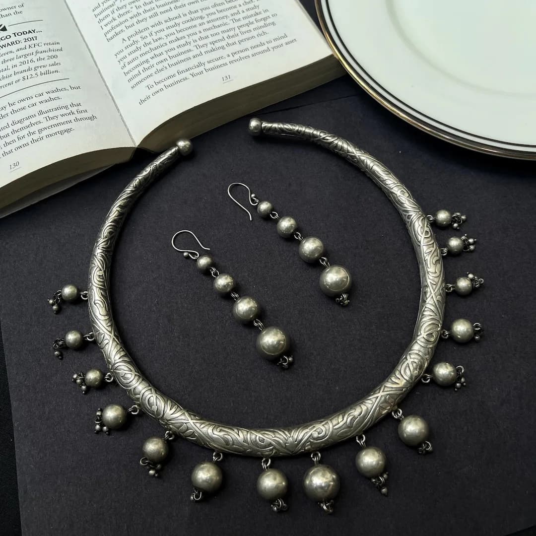 Oxidized Silver Coin Hasli Choker